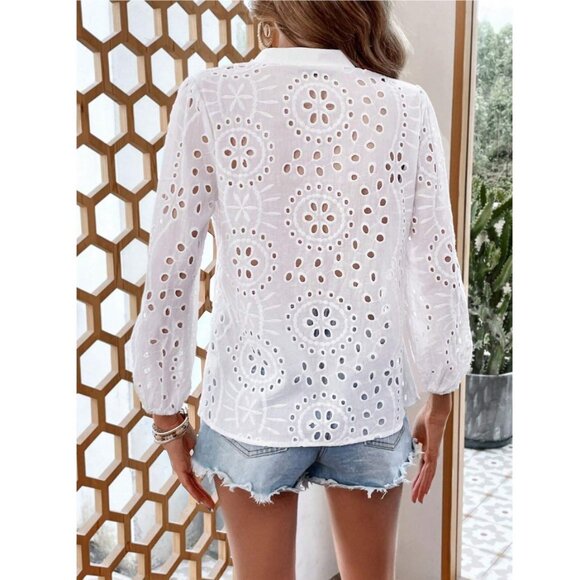 Boho gypsy button down shirt eyelet lace white - Picture 2 of 2